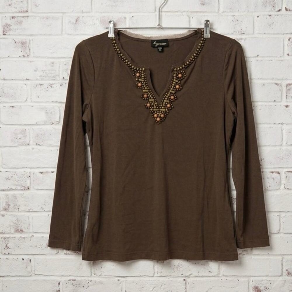 Lynn Ritchie Silk Brown Beaded Split V-Neck Top XL Y2K Boho Fairycore